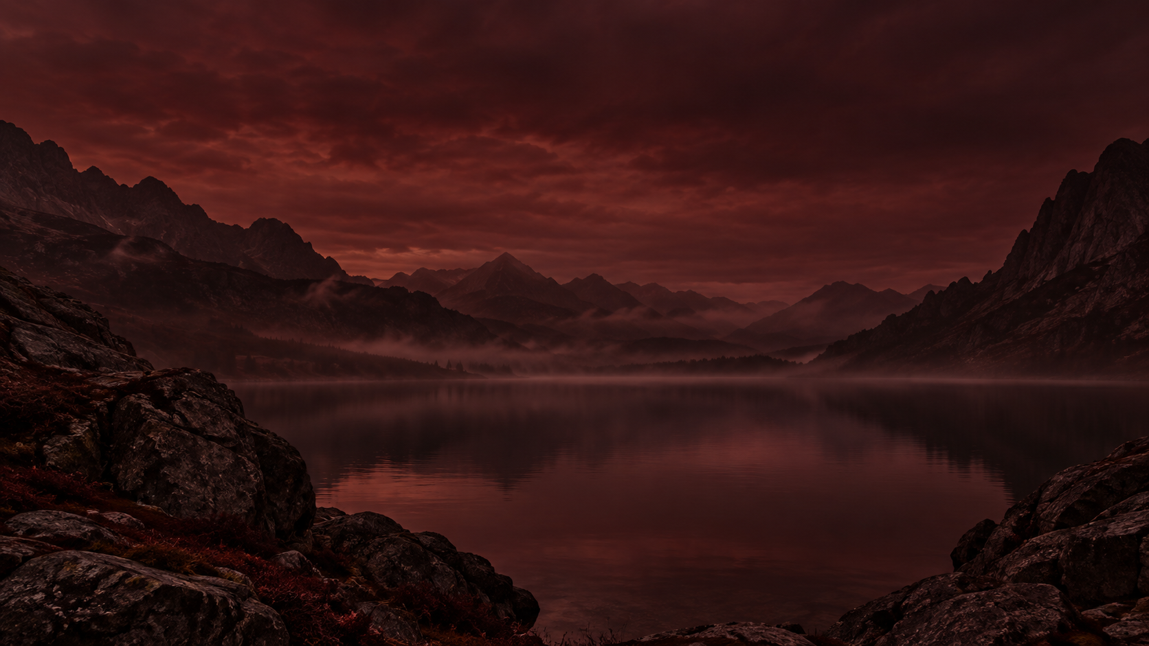 The last light over a still mountain lake